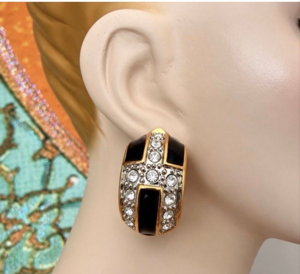 Vintage Black Enamel Rhinestone Gold Tone Statement Clip-On Earrings
